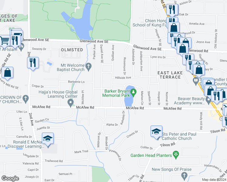 map of restaurants, bars, coffee shops, grocery stores, and more near 646 Quillian Avenue in Decatur
