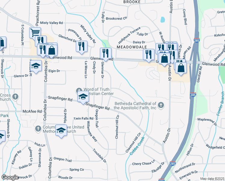 map of restaurants, bars, coffee shops, grocery stores, and more near 1934 Glen Echo Drive in Decatur