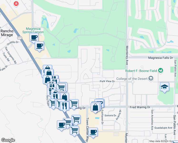 map of restaurants, bars, coffee shops, grocery stores, and more near 7 Florentina Drive in Rancho Mirage