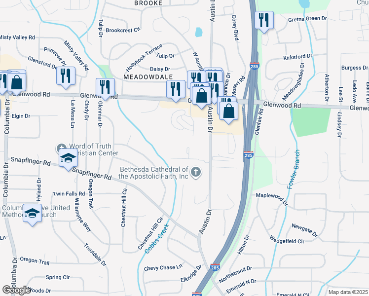 map of restaurants, bars, coffee shops, grocery stores, and more near 3810 Austin Park Lane in Decatur