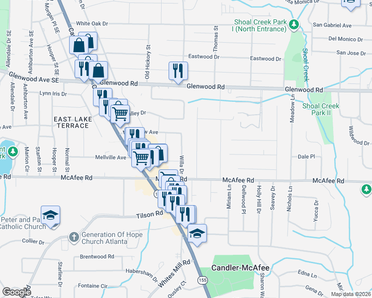 map of restaurants, bars, coffee shops, grocery stores, and more near in Candler-McAfee
