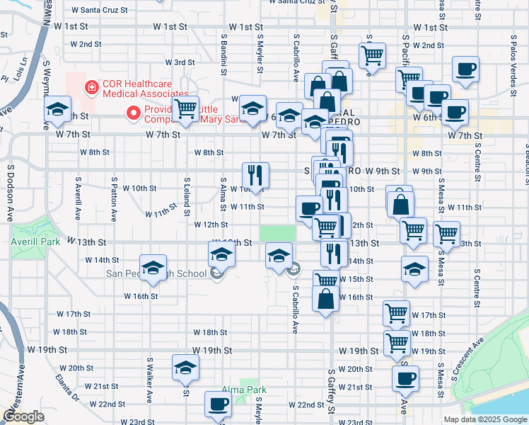map of restaurants, bars, coffee shops, grocery stores, and more near 1112 South Meyler Street in Los Angeles
