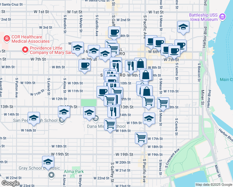 map of restaurants, bars, coffee shops, grocery stores, and more near 654 West 12th Street in Los Angeles
