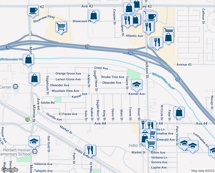 map of restaurants, bars, coffee shops, grocery stores, and more near 82593 Mountain View Avenue in Indio