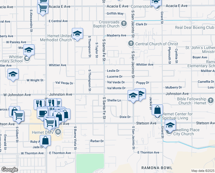 map of restaurants, bars, coffee shops, grocery stores, and more near 925 Val Monte Drive in Hemet