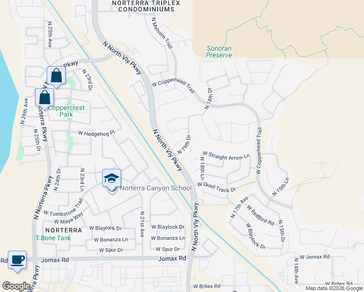 map of restaurants, bars, coffee shops, grocery stores, and more near 25326 North 19th Drive in Phoenix