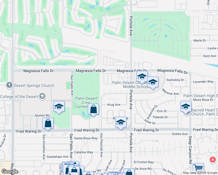 map of restaurants, bars, coffee shops, grocery stores, and more near 43442 San Pascual Avenue in Palm Desert
