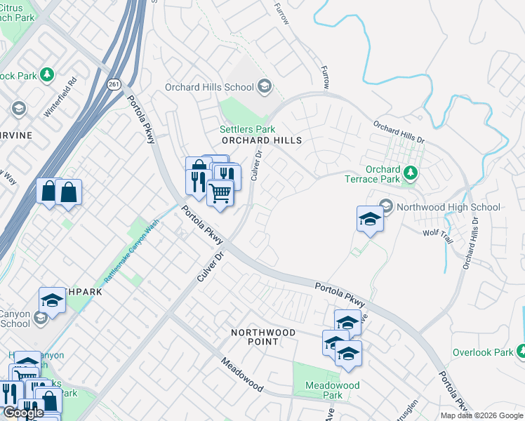 map of restaurants, bars, coffee shops, grocery stores, and more near 51 Winter Range in Irvine