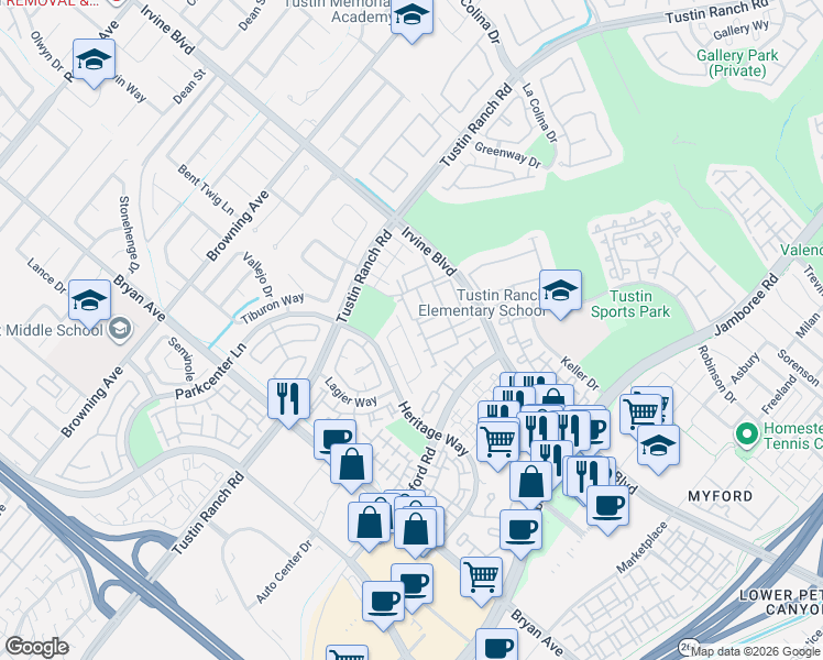 map of restaurants, bars, coffee shops, grocery stores, and more near 2492 San Simon Street in Tustin