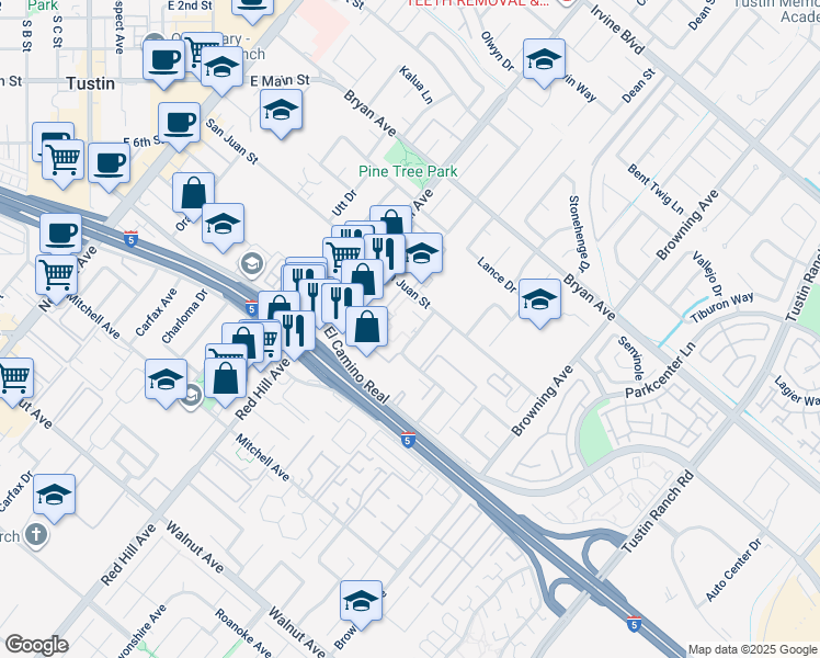 map of restaurants, bars, coffee shops, grocery stores, and more near 13841 Tustin East Drive in Tustin