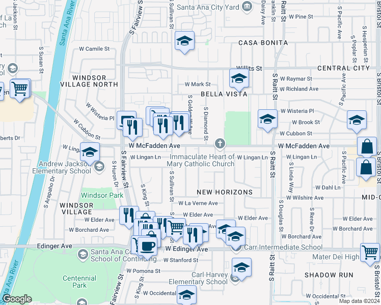 map of restaurants, bars, coffee shops, grocery stores, and more near 1128 South Golden West Avenue in Santa Ana