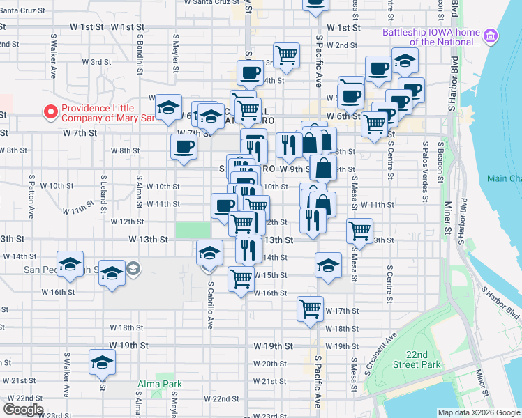 map of restaurants, bars, coffee shops, grocery stores, and more near 654 West 12th Street in Los Angeles