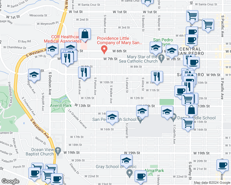 map of restaurants, bars, coffee shops, grocery stores, and more near 1115 South Walker Avenue in Los Angeles