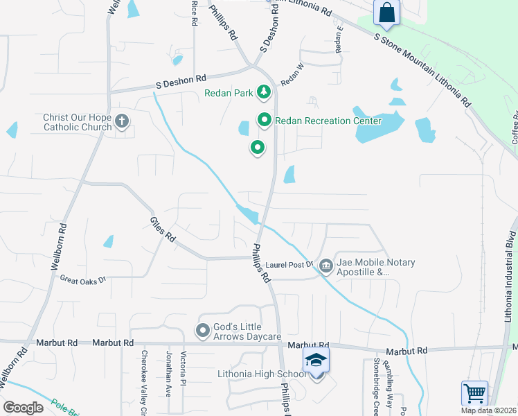 map of restaurants, bars, coffee shops, grocery stores, and more near 6273 Phillips Court in Lithonia