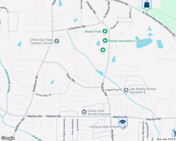 map of restaurants, bars, coffee shops, grocery stores, and more near 6258 Remington Park in Lithonia