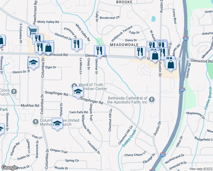 map of restaurants, bars, coffee shops, grocery stores, and more near 1934 Glen Echo Drive in Decatur