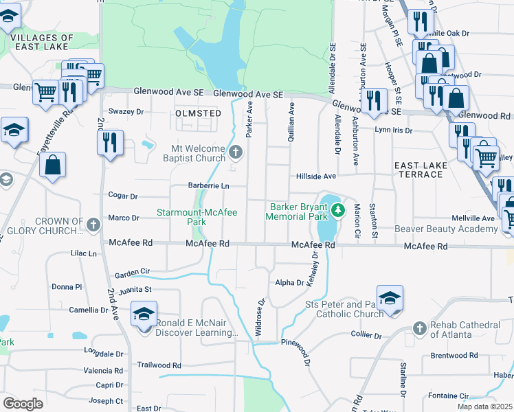 map of restaurants, bars, coffee shops, grocery stores, and more near 2203 Hillcrest Avenue in Decatur