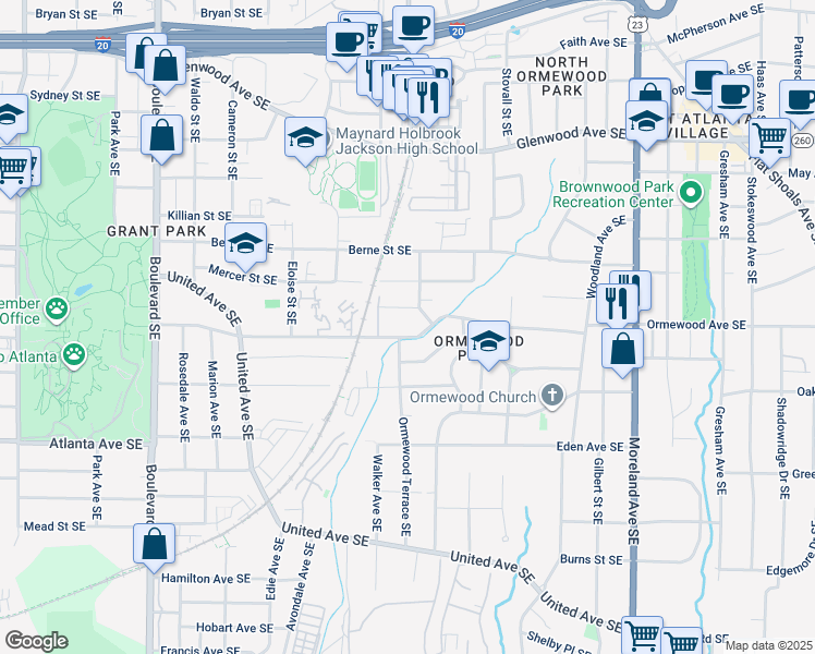 map of restaurants, bars, coffee shops, grocery stores, and more near 889 Ormewood Avenue Southeast in Atlanta