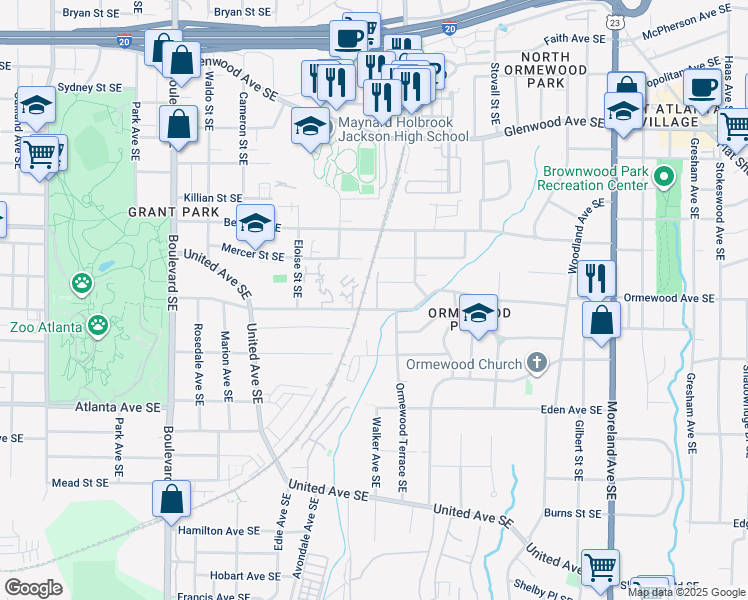map of restaurants, bars, coffee shops, grocery stores, and more near 845 Ormewood Avenue Southeast in Atlanta