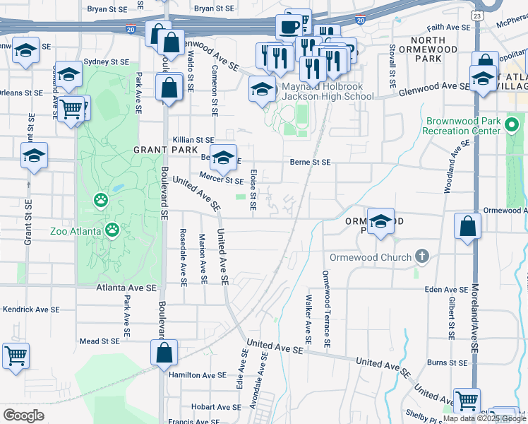 map of restaurants, bars, coffee shops, grocery stores, and more near 770 Ormewood Avenue Southeast in Atlanta