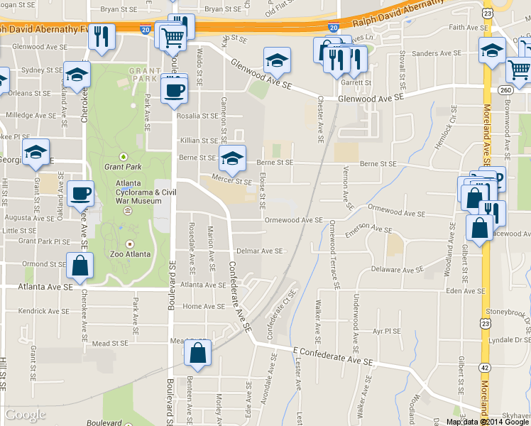 map of restaurants, bars, coffee shops, grocery stores, and more near 756 Ormewood Avenue Southeast in Atlanta