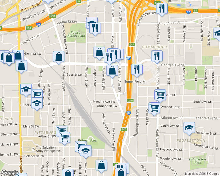 map of restaurants, bars, coffee shops, grocery stores, and more near 781 Pryor Street Southwest in Atlanta