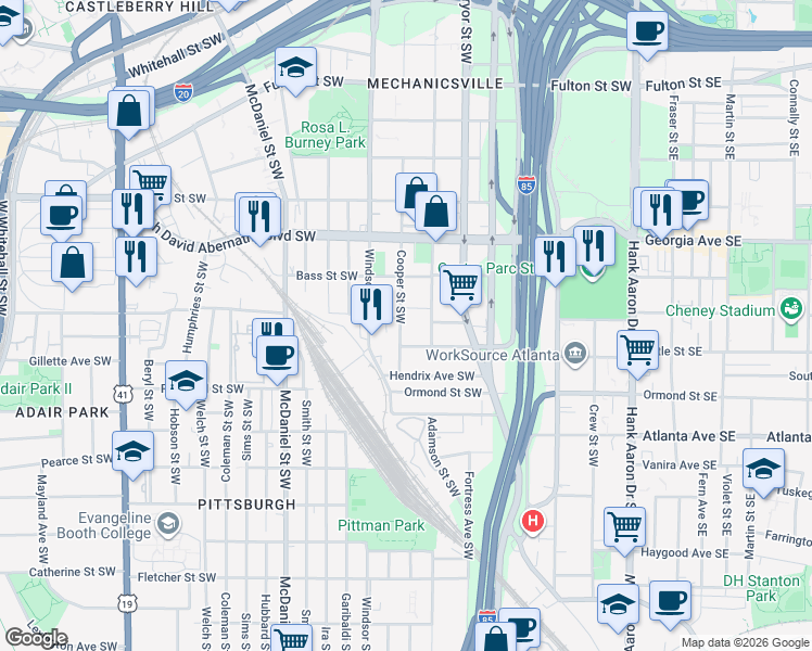 map of restaurants, bars, coffee shops, grocery stores, and more near 781 Cooper Street Southwest in Atlanta