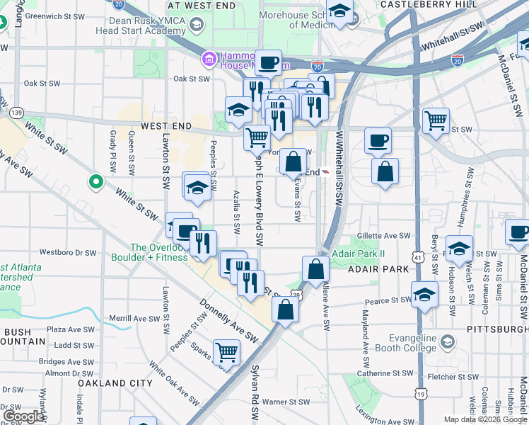 map of restaurants, bars, coffee shops, grocery stores, and more near Joseph E. Lowery Boulevard Northwest in Atlanta