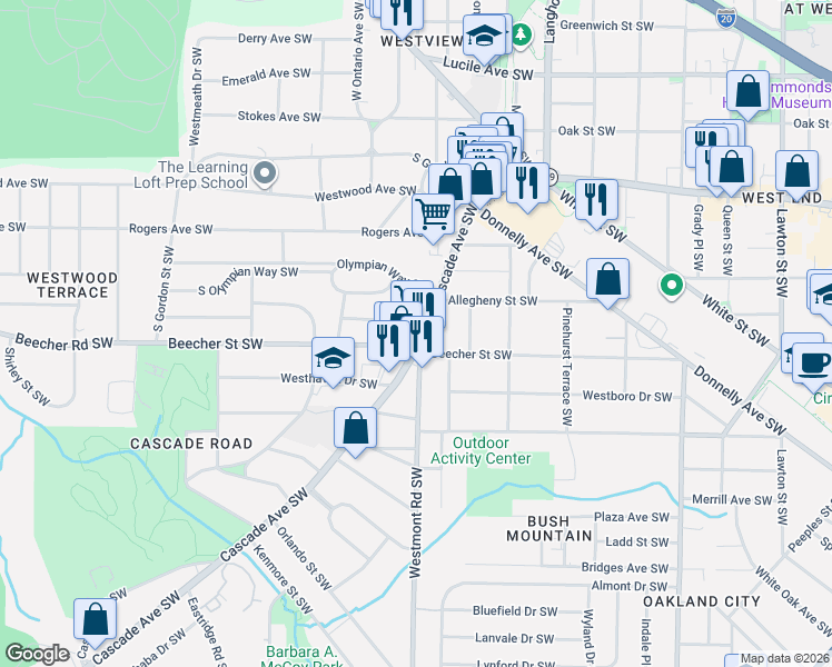 map of restaurants, bars, coffee shops, grocery stores, and more near 1535 Beecher Street Southwest in Atlanta