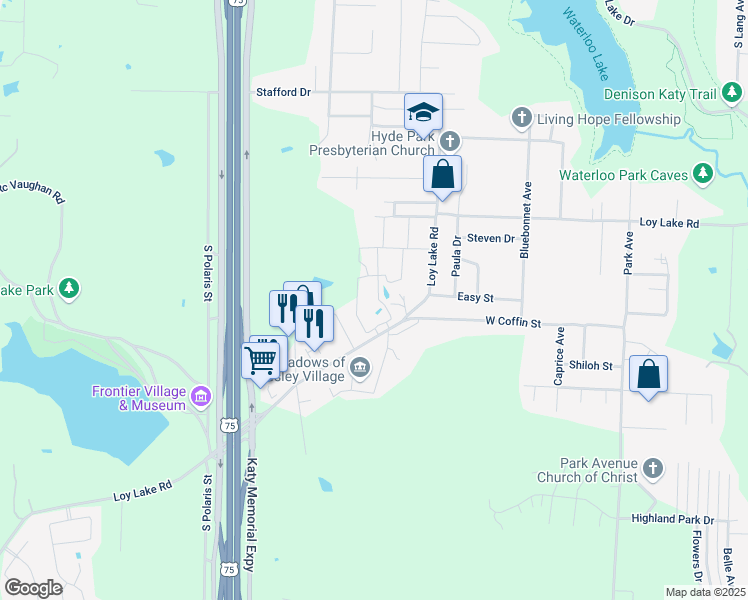 map of restaurants, bars, coffee shops, grocery stores, and more near 2901 Loy Lake Road in Denison