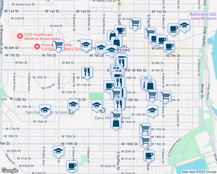 map of restaurants, bars, coffee shops, grocery stores, and more near 767 West 11th Street in Los Angeles