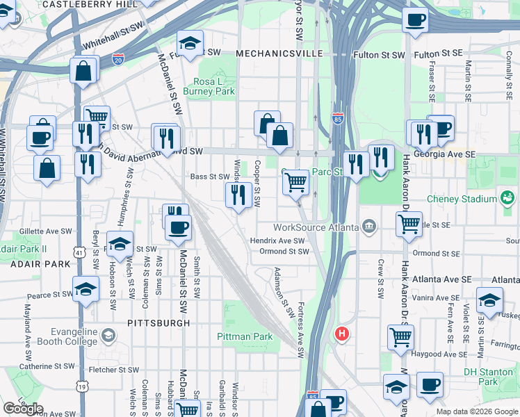 map of restaurants, bars, coffee shops, grocery stores, and more near 781 Cooper Street Southwest in Atlanta
