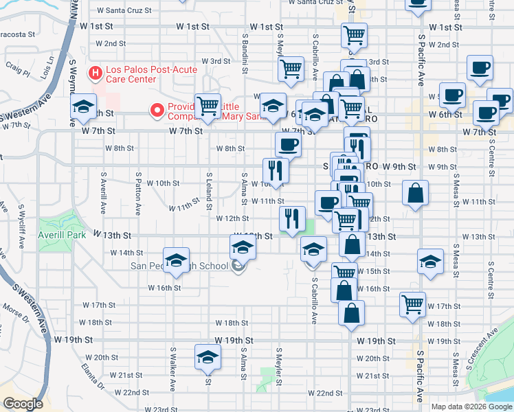 map of restaurants, bars, coffee shops, grocery stores, and more near 965 West 11th Street in Los Angeles