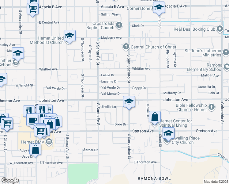 map of restaurants, bars, coffee shops, grocery stores, and more near 1100 Val Monte Drive in Hemet
