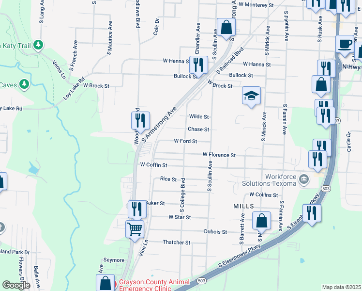 map of restaurants, bars, coffee shops, grocery stores, and more near 2203 South College Boulevard in Denison