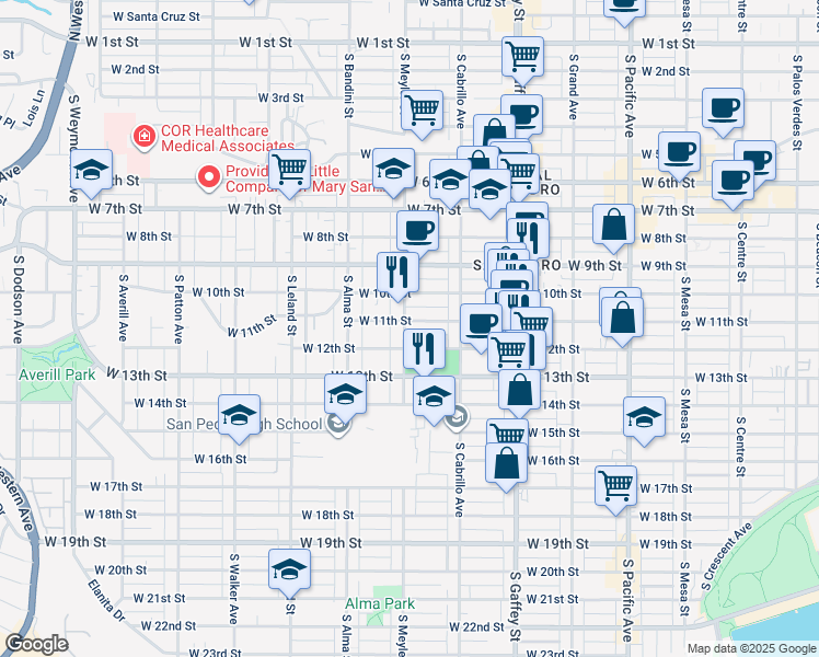 map of restaurants, bars, coffee shops, grocery stores, and more near 1112 South Meyler Street in Los Angeles
