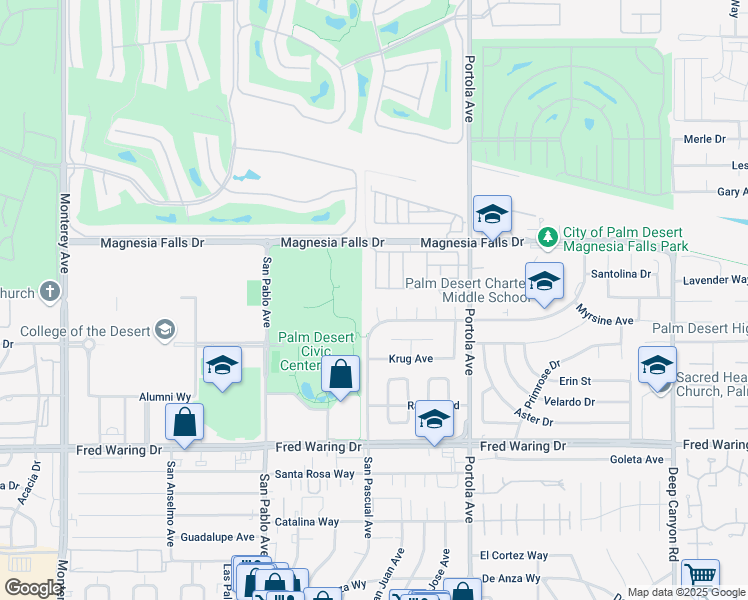 map of restaurants, bars, coffee shops, grocery stores, and more near 43349 Martini Court in Palm Desert