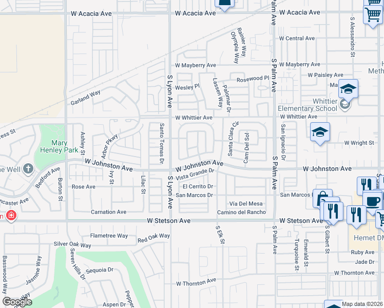 map of restaurants, bars, coffee shops, grocery stores, and more near 711 San Mateo Circle in Hemet