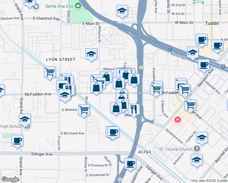 map of restaurants, bars, coffee shops, grocery stores, and more near 16661 East McFadden Avenue in Santa Ana