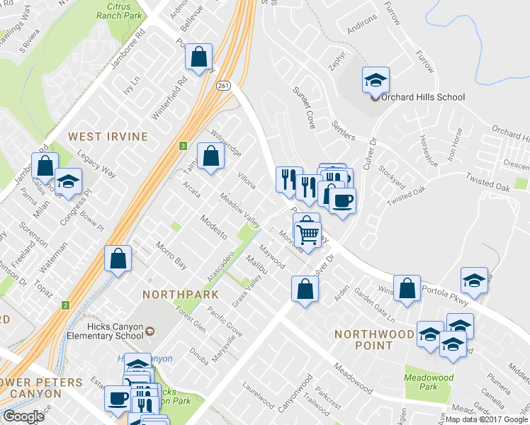 map of restaurants, bars, coffee shops, grocery stores, and more near 0 Goshen in Irvine