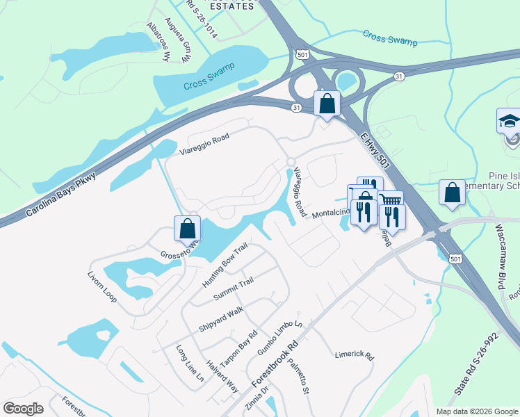map of restaurants, bars, coffee shops, grocery stores, and more near 5257 Casentino Court in Myrtle Beach