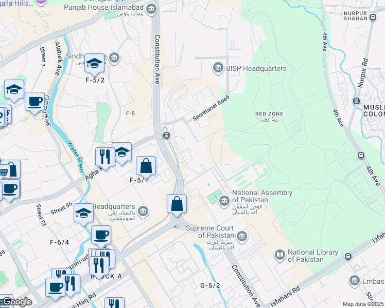 map of restaurants, bars, coffee shops, grocery stores, and more near Constitution Avenue in Islamabad