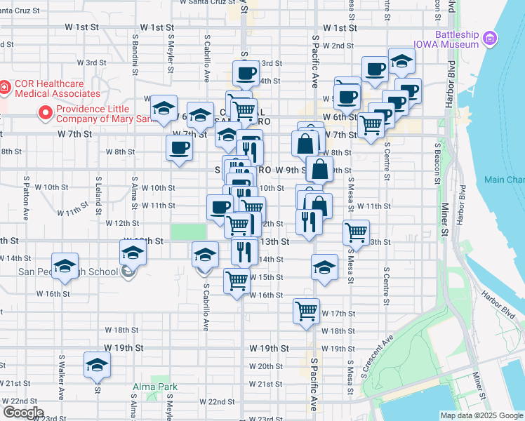 map of restaurants, bars, coffee shops, grocery stores, and more near 647 West 11th Street in Los Angeles