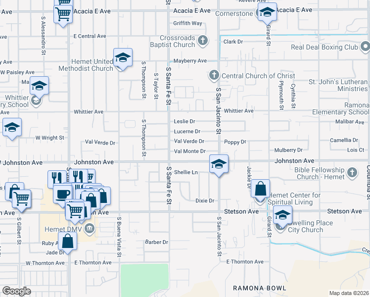 map of restaurants, bars, coffee shops, grocery stores, and more near 1026 Val Monte Drive in Hemet