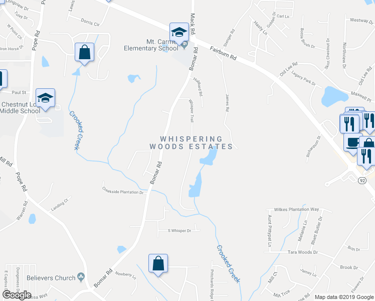 map of restaurants, bars, coffee shops, grocery stores, and more near 2645 Whisper Trail in Douglasville
