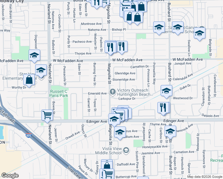 map of restaurants, bars, coffee shops, grocery stores, and more near 15750 Magnolia Street in Westminster