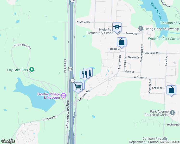 map of restaurants, bars, coffee shops, grocery stores, and more near 3018 Ridge Drive in Denison