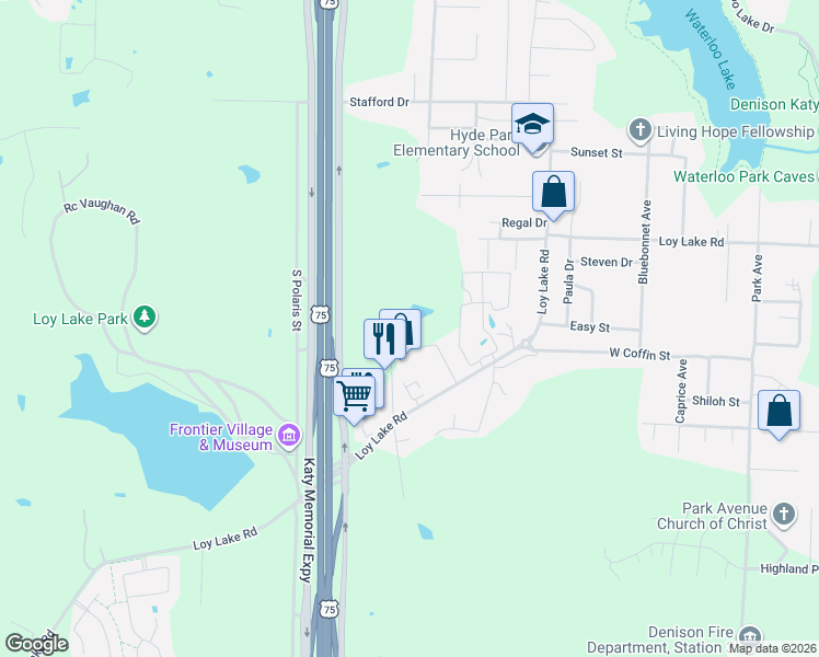 map of restaurants, bars, coffee shops, grocery stores, and more near 3015 Ridge Drive in Denison