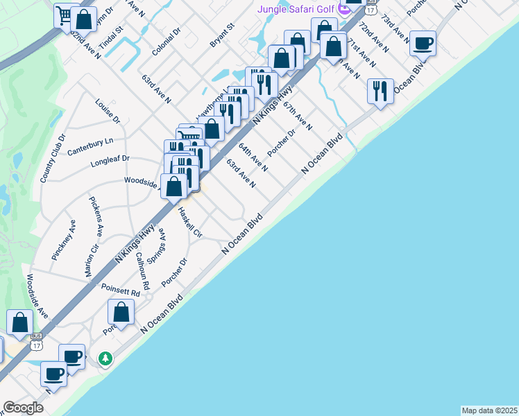 map of restaurants, bars, coffee shops, grocery stores, and more near 6211 North Ocean Boulevard in Myrtle Beach