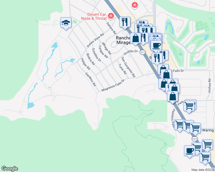 map of restaurants, bars, coffee shops, grocery stores, and more near 71591 Biskra Road in Rancho Mirage